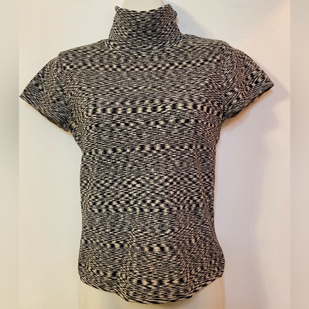 Black and White Silk Blend Short Sleeve Turtleneck